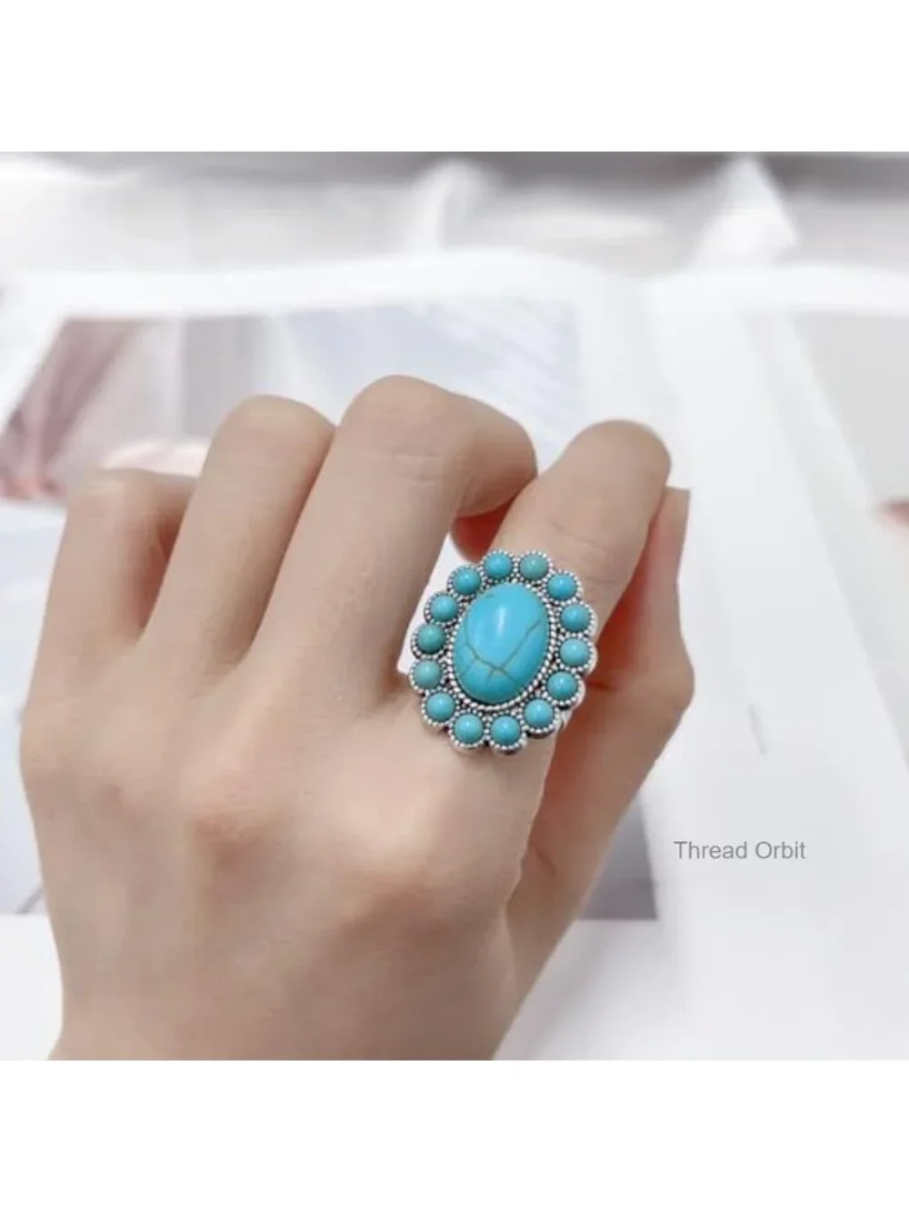 Bohemian Turquoise Flower Open Adjustable Stacking Ring - Retro Statement